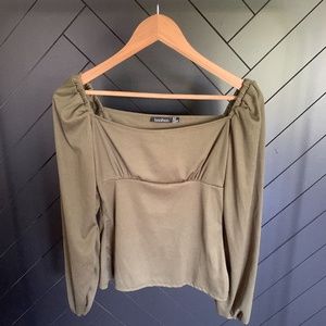 Square Neck Puff Sleeve Rib Top- Khaki